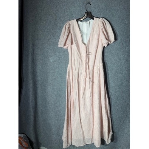 Henly Pink White Seersucker Stripe Lace Up V Neck Puff Sleeve Midi Dress Pockets — image 2 of 7